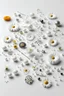 Placeholder: realistic white background, 10 objects spreaded in different places, small beads, small pendants, small flowers, empty middle