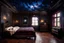 Placeholder: strange evening in vintage bedroom, deep dark colors, old wood floor, old antique bed, translucent walls, ceiling the galaxy with stars, etheral, mystic, stunning, cinematic