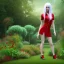 Placeholder: young lady walk in garden with red shirt and white hair