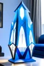 Placeholder: gaming table lamp inspired by dubai tower buliding architecture futuristic-modern stlye. geometric form, blue and white color scheme