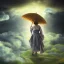 Placeholder: view from behind of japanese girl holding bamboo umbrella and looking at a stormy sky with rays of sunlight breaking through center of stormy sky, 8k, high-quality, ultrafine-detail, intricate, digital painting, brian froud, howard lyon, selina french, anna dittmann, annie stokes, Greg Rutowski