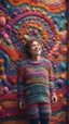 Placeholder: a happy blissed person woven into a psychedelic knitted tapestry wall, bokeh like f/0.8, tilt-shift lens 8k, high detail, smooth render, down-light, unreal engine, prize winning