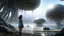 Placeholder: Detailed matte painting of a wide-angle shot of a woman, standing on the right side of an alien beach, with dark hair in a silver robotic catsuit, many large floating jellyfish with octopus tentacles, alien jungle trees in the distance