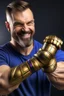 Placeholder: A sporty looking man with a grin on his face while holding Thanos' gantlet K's infinity gauntlet has six infinity stones