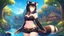 Placeholder: Girl, open navel, black hair, orange eyes, forest, river,house by river, collar on neck, raccoon ears, raccoon tail, raccoon muzzle on face, raccoon nose.