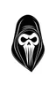 Placeholder: Extremely simple and fun logo representing the face only of the grim reaper. Black on white background