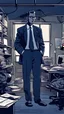 Placeholder: "navy blue" color scheme, comic style : a man is researching