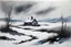 Placeholder: snowy land with a lone pale weather-beaten cottage, (heavy snowing:2), acrylic paint, minimal art, low colors of steel gray, snow white and black, sparse pale cobalt tint leak, wild brush strokes, hard winter, storm dynamics, great wind diagonals, gloomy mountain skyline