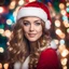 Placeholder: Beautiful young woman in Santa Claus hat on background of christmas lights