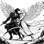 Placeholder: Jacob wrestling with angel. Record of Lodoss War style, Linework: Expressive, expressive black ink line art with variable stroke weights. Crisp contours define silhouettes while fine hatching adds subtle depth and form.