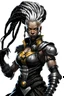 Placeholder: gasping orora monro, storm, from xmen, with a braided / affro mohawk. She's wearing medieval armor make it a part sideways so we can see her waste and thighs. no background, solid white - transparent background! no background!!!