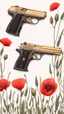 Placeholder: Two gold pistols and a red notebook on a white scarf. A field of red poppies. Close-up from above.cinematic.dark mood