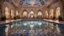 Placeholder: Superb symmetrical pictorial multicoloured mosaic floor, swimming pool, bathers, swimmers, night, water feature, walls with pictures of bathers and swimmers, symmetrical cathedral style high ceiling, relaxation, luxury, dream world, calm beauty, perfect symmetry, fantasy world, magic, beautiful symmetrical composition, exquisite detail, 85mm lens, adjust perspective, chiaroscuro, night, darkness, dramatic lighting