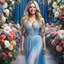 Placeholder: (best quality, 4k, 8k, highres, masterpiece:1.2), ultra-detailed, (realistic, photorealistic, photo-realistic:1.37),hyper realistic, full body gorgeous smiling 1woman,long hair,looking at viewer,realistic proportions,blue eyes,hair ornament,dress,very long hair,flower,blonde hair,parted lips,necklace,white dress,blonde hair,lips,blurry background,freckles,realistic,head wreath, pink flower,realistic portrait