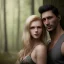 Placeholder: A photo realistic portrait of a stunning blonde girl and a handsome muscular dark haired man in a lovers embrace standing in a forrest