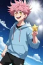 Placeholder: An androgynous young man with tousled pink hair and golden eyes floating among the stars wearing a light blue hoodie and black board shorts. He is smiling softly and holding a star in one hand.