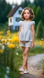 Placeholder: a 5 percent carton like child girl with realistic face and bob hair and makeup in pretty top and short tight and nice shoes,looking like a beautifull lady standing in country side next to country house with flowers,trees.