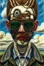 Placeholder: an abstract painting of clouds, by lucian freud and klimpt, rust, scaffolding, iron cladding, decay, mixed media, textured, anatomically correct, beautiful perfect face, green eyes, aviator sunglasses, sharp focus, highly detailed. desolate background. the royal tenenbaums