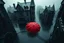 Placeholder: top-down view of a grayscale wet city street with old tall haunted houses, rain, one red umbrella lying prone on the street, rain, surreal style, dark mood