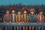 Placeholder: whimsical stylized illustration of young people with big eyes, tiny nose, tiny mouth and messy hair in complementer colors cloths, they stand in line on a high rooftop, surreal, thriller mood, smooth blending, extremely detailed, realistic textures, lights and shadows, cinematic