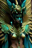 Placeholder: Extremely beautiful ancient voidcore shamanism Egyiptian Scarabeus insect woman adorned with ancient egyiptian Scarabeus wings ribbed with turquoise and gold colour gradient mineral stone beads, wings are metallic voidcore shamanism style lace chain effected extremely textured delicate details. Wearing ancient voidcore shamanism gold and turquoise colour ancient Egyiptian costume embossed hierogliphs texts on the costume armour organic bio spinal ribbed detail of Egyiptian woman portrait