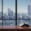 Placeholder: very close up of a very big luxury wrist watch with dark mirror glass stands on table in balcony skyscraper and reflects modern city environment image , to the camera ,centered.