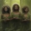 Placeholder: 4K. Ultra real photo.three black women. Three Dark skin black women .three women. A mother. Two black daughters . A mother with her children. three young black women. wood nymphs emerging from the forest. Her hair looks like vines. Dreadlocs. Her skin is the colour of dark soil. Her skin looks like tree bark. Her clothing is made of vines, grass and leaves.