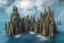 Placeholder: A futuristic ruined gothic building on an island floating over the sea with balconies, verandas, many arches, bridges, spires, paths, trees, dense foliage, spanish moss, ivy, blue sky, white clouds