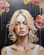 Placeholder: portrait, acrylic, fine drawing, blonde, woman, flowers, paint drips