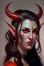 Placeholder: Portrait of a young and beautiful female Tiefling bard with bright red skin, two horns emerging from her forehead and long black hair with sidebangs and a ponytail.