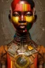 Placeholder: african portrait in rusted clocks, clock on face, rust, scaffolding, ghana colours, cyberpunk, high detail