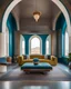 Placeholder: a modern minimalist villa with arc windows and kashan islamic pattern details,furnished , persian carpet , colorful , inspired by santorini