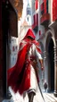 Placeholder: Assassin creed con dagas y espadas detalles en los pantalones en el pecho y en las botas caminando por Venezia capa pintura al óleo estilo renacentista hiperdetallado detalles intrincados obra de arte blanco rojo 8k