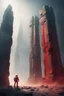 Placeholder: Mysterious huge ancient Rocky pillar with scifi gate attached with a astronaut (red suit) standing near the gate, destroyed, foggy condition wide-angle, cinematic lighting, perfect golden ratio composition detailed ground environment, haze, ultra-detailed, film photography, light leaks, Larry Bud Melman, trending on artstation, sharp focus, studio photo, intricate details, highly detailed, by greg rutkowski