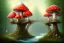 Placeholder: fly amanita houses with windows in old forest hanging bridge