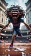 Placeholder: full figure portrait of a giant dunking basket player vampire werewolf goblin gremlin hanging doing a flip over wet soil in front of dome court, in the style of Gorillaz,bokeh like f/0.8, tilt-shift lens 8k, high detail, smooth render, down-light, unreal engine, prize winning