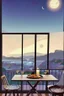 Placeholder: It's a starry night, with a luminous crescent moon, and from the balcony of an elegant luxury apartment, a view of a city with a hill and a river, lights in the windows of the houses. On the balcony, a dining table with a tray with a bird pattern, pizza and wine in starlight