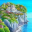 Placeholder:  Skyscraper sea house between cliff ,sea cliff, hill peak,blue sky,detailed facades+beautiful,richly detailed houses,trees,ornamental flowers +uphill road+biopunk+Book illustration by Gediminas Pranckevičiusstrong lines,vibrant colors, highly detailed, 16k resolution