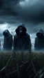 Placeholder: A group of scary large black hooded evils figures with glowing white eyes looking at you in the background and out of this world galaxy in a blue and gray cloud of stormy weather a many sticks fixed ultra hi quality picture with cinematic science, tragedy, a small black birds far in hovering in the horizon in the big field of grass near front view of the skull