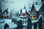 Placeholder: minimalism, fantasy funny winter Christmas, heavy snow snowing, deep rich dark warm colors, magic lighting, minimalism, beautiful, fantastical, magical background, shimmering,encaustic colors, beautiful snowy vintage Victorian houses village, closeup of a beautiful bird sitting on old snowy broken fence, minimalism