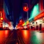 Placeholder: cyborg on city street poignant neon lights rainy atmosphere, clear view, high detail, mechanical, circuits