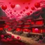 Placeholder: A dark reddish magenta oriental village with fiery orbs painted by Qiu Ying