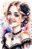 Placeholder: watercolour drawing, a happy girl , black lace, pearls, black roses, on a white background, hTrending on Artstation ::{creative commons}:: Illustration :: Color Grading:: Filmic, Nikon D750, Brenizer Method, Perspective, Depth of Field, F/2.8, Lens Flare, Tonal Colors, 8K, Full-HD, ProPhoto RGB, Perfectionism, Rim Lighting, Natural Lighting, Soft Lig