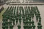 Placeholder: soldiers marching in formation; facing away from camera; military parade; tight formation; shoulder to shoulder; marching along a street; green uniforms; medals and insignia; weapons in hands; long distance perspective; birds eye view; large parade;