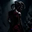 Placeholder: a beautiful tiefling woman with dark hairand tiefling horns in a sleeveless battle outfit, seen from the back, at the edge of a precipice in the dark, ready to jump, photo quality, dark colors