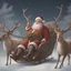 Placeholder: A fat, jolly, old man with a long beard and mustache, sitting in a Reindeer drawn sleigh getting ready to make his Christmas Flight, a giant bag of Presents sitting in the back of the sleigh.