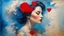 Placeholder: old painting, torn edges, blue, WOMAN, love, red heart, light, flower, double exposure, abstract surreal portrait, oil painting in impressionism, large strokes, airbrush effect, textured painting, antique style, vintage, semi-abstract, semi-realistic, surreal .