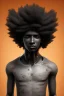 Placeholder: 3D render of a cyberpunk tribal young black man, black afro hair, ragged shirt, on a orange dune background, digital art