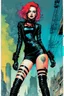 Placeholder: Create and fine print full body illustration of an epic fantasy Gothpunk Girl , with finely lined and detailed facial features, in a ragged leather dress, fishnet stockings ,battered combat boots, , in the comic book style of Bill Sienkiewicz, Philippe Druillet, and Jean Giraud Moebius, precisely drawn, colored and inked