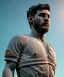 Placeholder: Gran angular, Realistic image, roman sculpture, marble material, Lionel Messi, Laurel wreath model, miguel angel style, emperador, God light, god rays, 4k resolution, ornate details, soft lighting, unreal engine 5, soft cyan background.